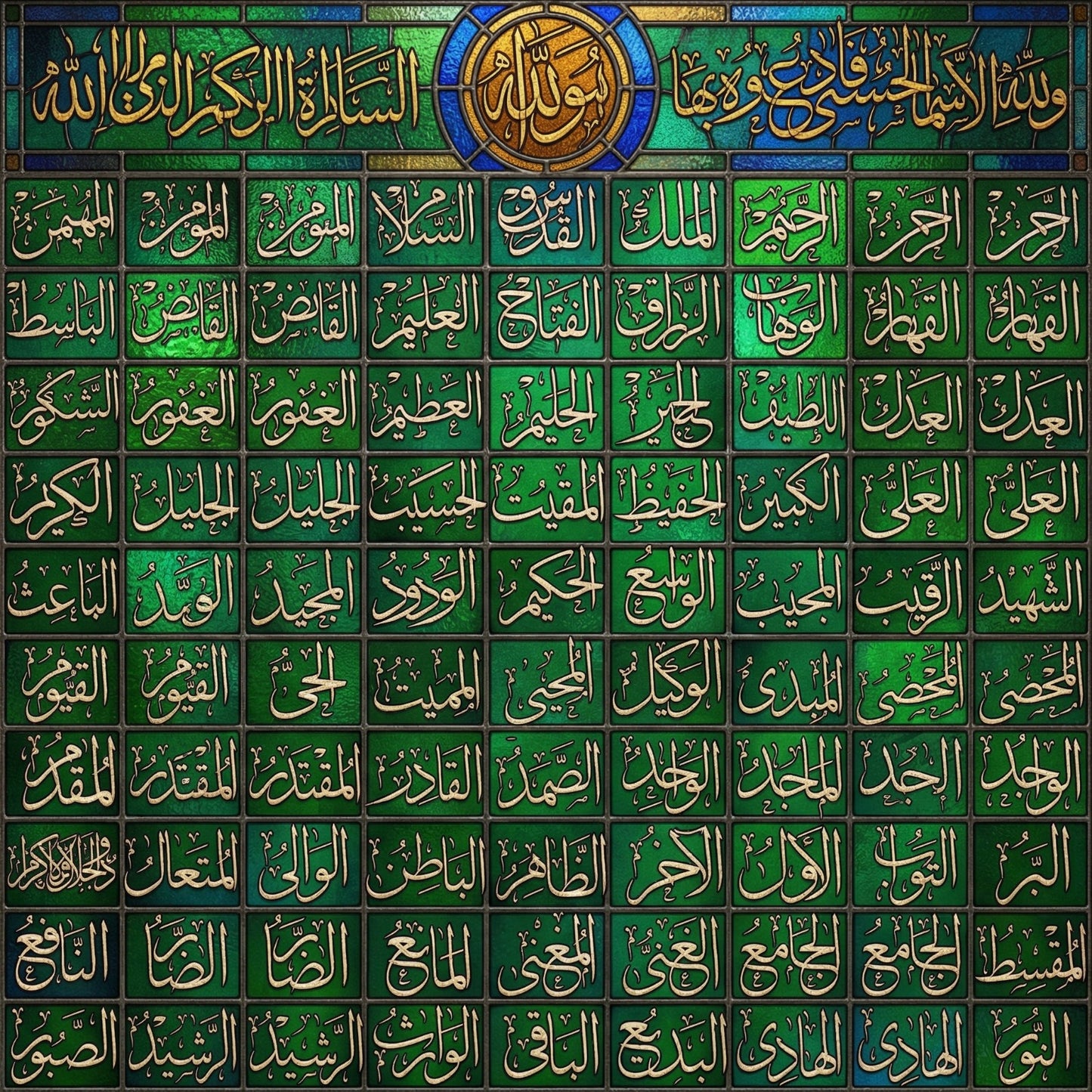 Yeşil Altın Esmaül Hüsna – Tezhipli Çerçeve  60X60 cm