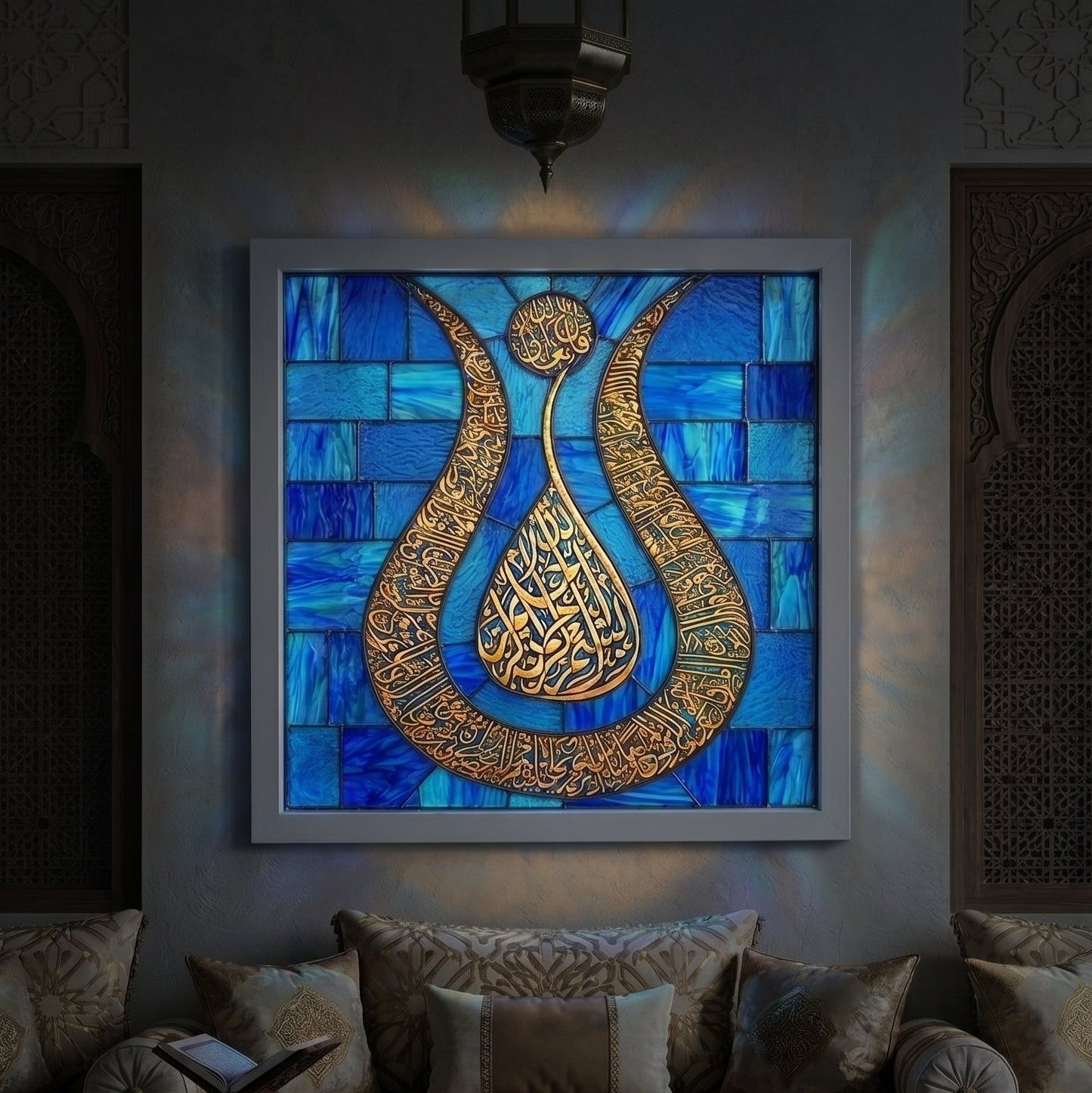 Ayetel Kürsi Gümüş Hat – Lacivert Osmanlı Stil  60X60 cm