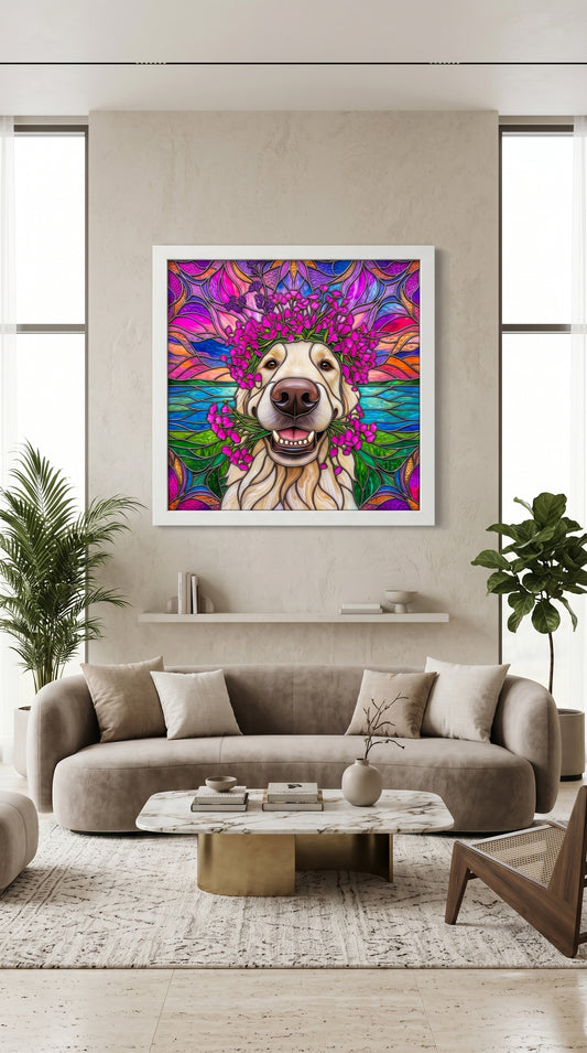 Çiçekli Köpek Şık Vitray Dekor 60x60