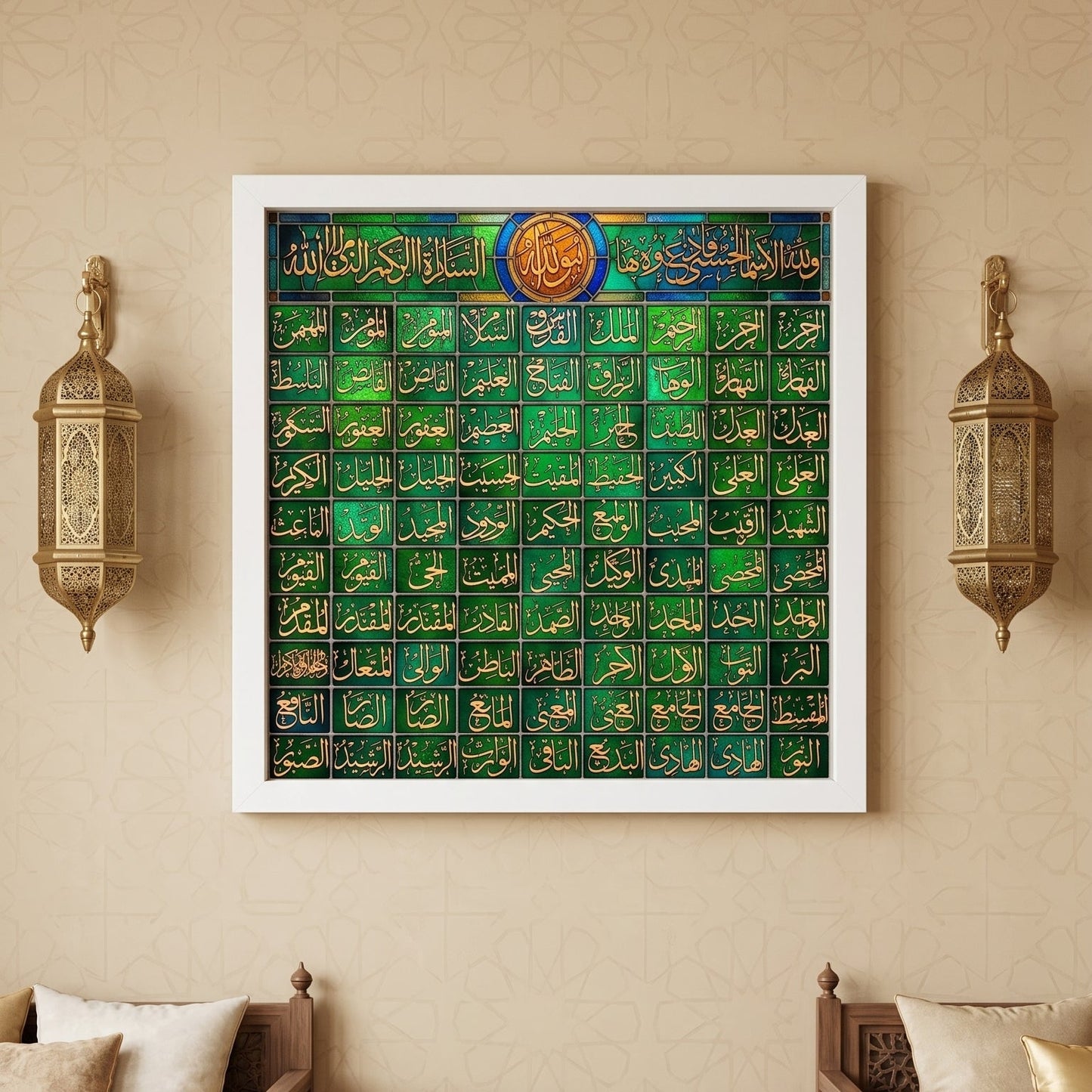 Yeşil Altın Esmaül Hüsna – Tezhipli Çerçeve  60X60 cm